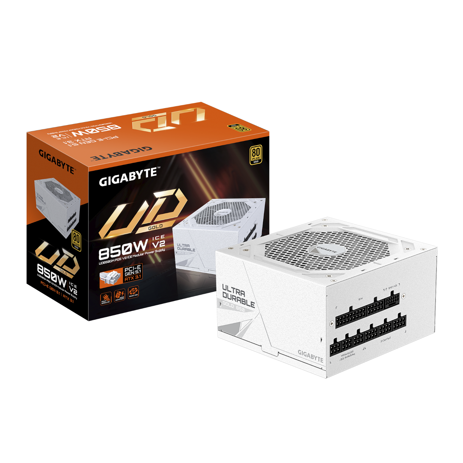 ספק כוח לבן Gigabyte UD850GM PG5 ICE 850W 80 Plus Gold ATX 3.1