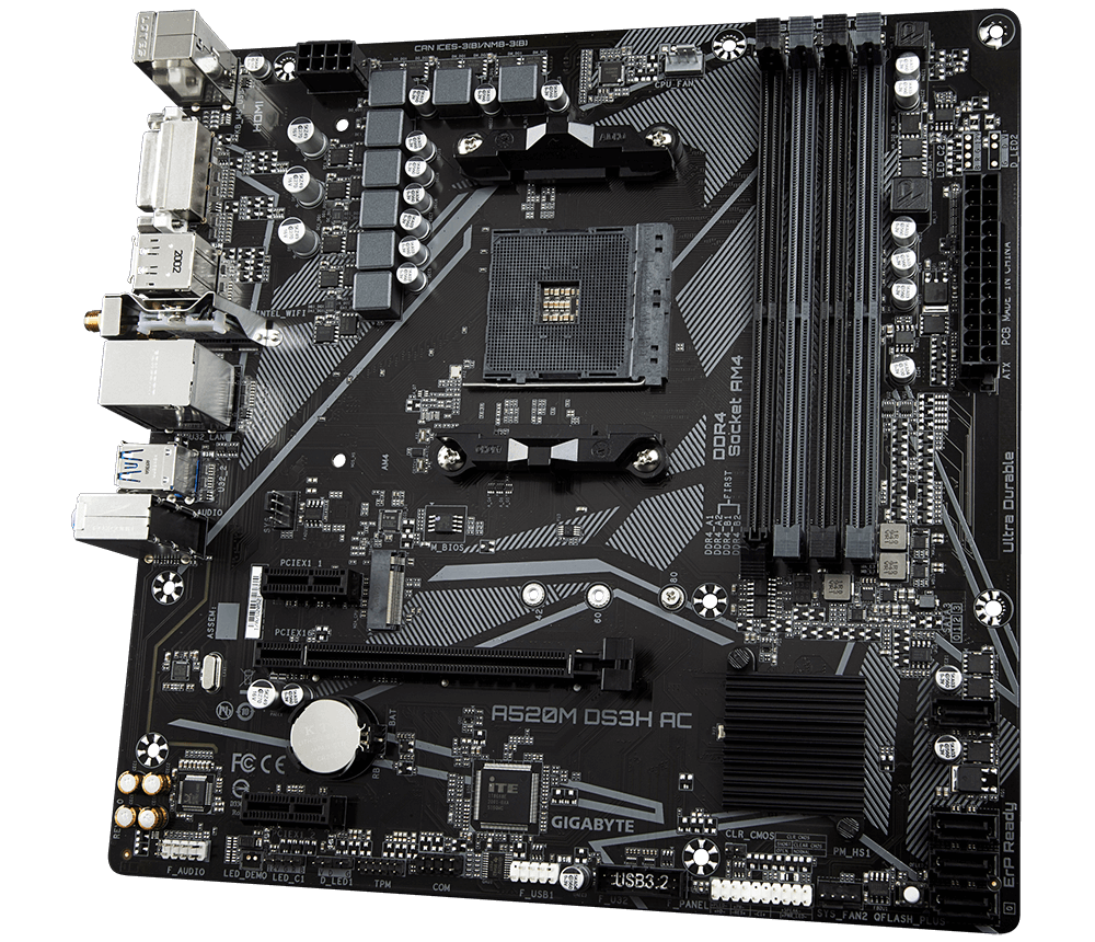 לוח אם Gigabyte A520M DS3H AC 1.4 DDR4 M.2 WIFI BT AM4